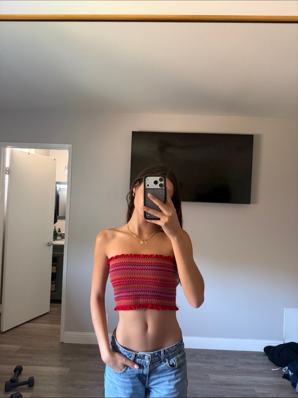 Forever 21 Red and Pink Striped Smocked Tube Top